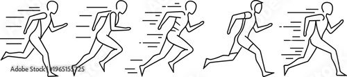 "Set of Five Running Stick Figures with Motion Lines in Different Poses"