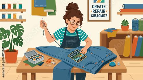 Woman Patching Jeans in a Sewing Workshop