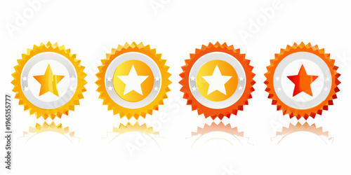 Four golden star badges with reflections on a white surface