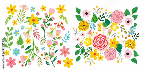 Colorful floral arrangements with diverse blossoms and leafy green stems