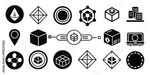 black and white blockchain cryptocurrency icons