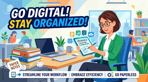 Woman Working Digitally in Organized Office Environment