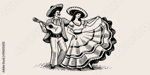 A vintage illustration of a mariachi musician and a dancing woman