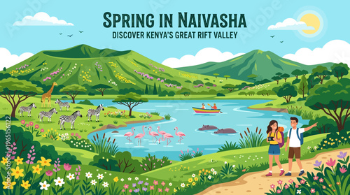 Springtime Landscape with Wildlife in Lake Naivasha Kenya