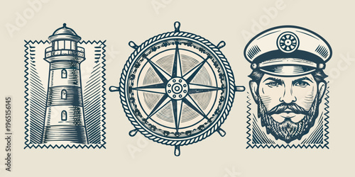 Vintage nautical illustrations featuring a lighthouse ship wheel and sailor