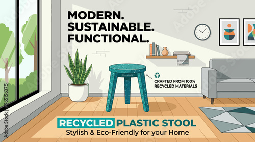 Modern Sustainable Functional Recycled Plastic Stool in a Contemporary Home