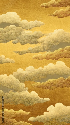 金色のすやり霞と金雲の伝統的な屏風画、和風背景素材