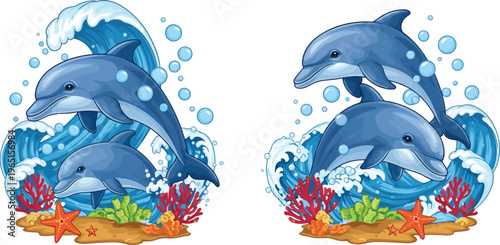 Dolphins Swimming in Waves Illustration Set with Coral and Underwater Plants for Marine Life, Ocean, and Wildlife Design