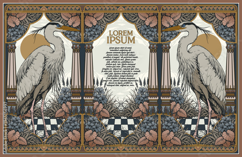 Elegant Vintage Heron Swamp Floral Frame Template for Wedding Invitation Cover and Certificate