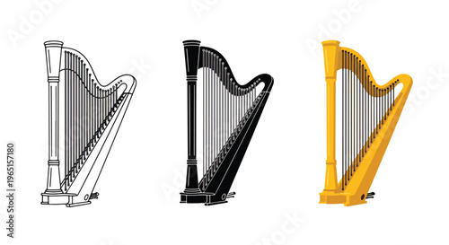 vector harp icons set minimal design - Minimalist, flat icon, outline, glyph, linear, clipart, sticker - icon set