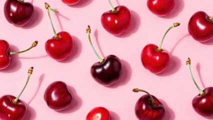 Dark cherry highlighted among red cherries on pink background