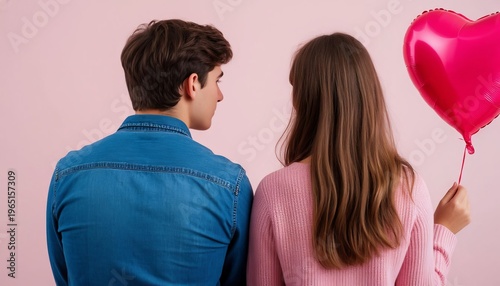 A guy and a girl are sitting in a park, smiling, and the girl is holding a balloon on a string.	

