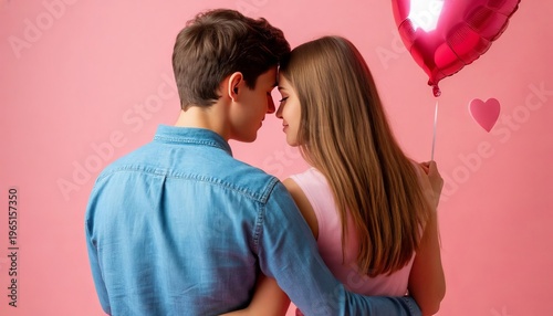 A guy and a girl are sitting in a park, smiling, and the girl is holding a balloon on a string.	
