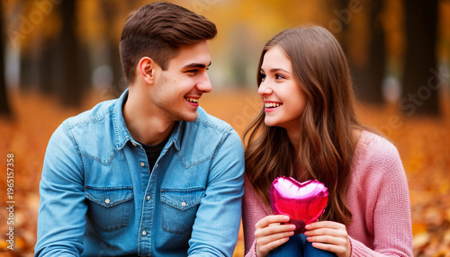 A guy and a girl are sitting in a park, smiling, and the girl is holding a balloon on a string.	
