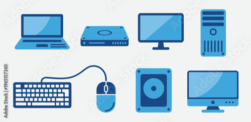 Computer devices blue icons set, modern vector illustrations of desktops, laptops, tablets, and peripherals in blue tones, suitable for tech, software, and electronics design concepts.