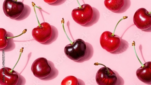 Dark cherry highlighted among red cherries on pink background