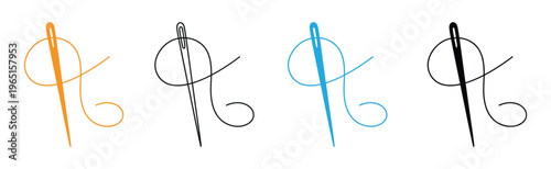 Colorful sewing needle and thread icons in orange, black, and blue for design and crafting Vector illustration