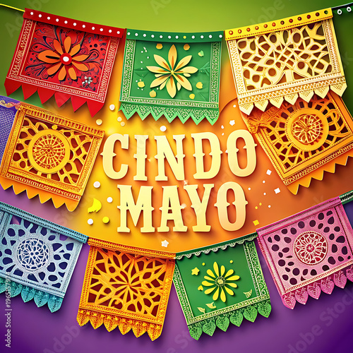 Colorful papel picado banners celebrating cindo de mayo festivity