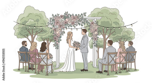 Wedding Ceremony Outdoor Garden, Couple Vows Under Floral Arch with Guests Seated