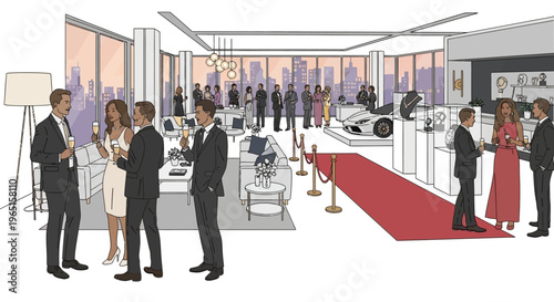 Luxury Product Launch Event: Elegant People, Modern Showroom, City Skyline