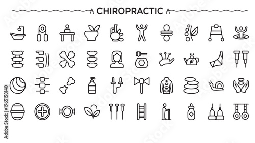 Chiropractic Icons Vector Set, Spine Care, Physiotherapy and Wellness Line Art Symbols