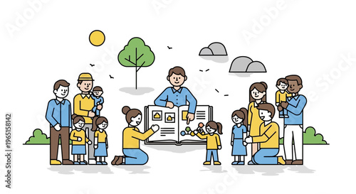 Diverse families gather around a large open book, sharing stories and learning together outdoors.