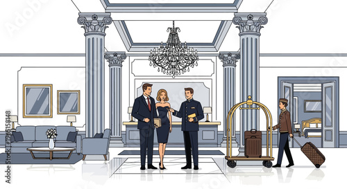 Elegant hotel lobby with guests, concierge, and bellhop, luxury service illustration