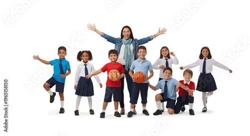 Happy Teacher with Diverse Students in School Uniforms, Isolated on White