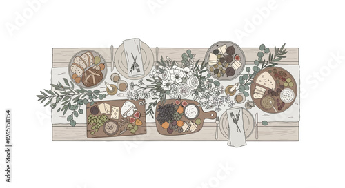 Elegant Charcuterie Board Spread with Cheese, Fruits, and Greenery - Top View