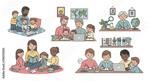 Diverse families and educators teaching children at home and school
