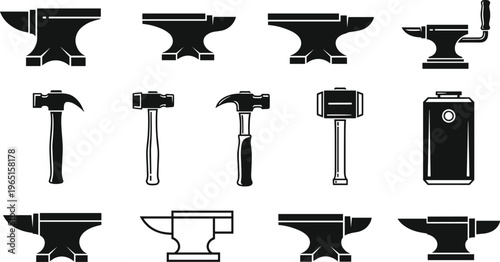Black and white vector illustration set of anvils, hammers, and blacksmith tools, perfect for metalworking, industry, and design themes.