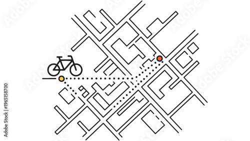 Minimal Street Map with Bicycle Navigation Icon Illustration for Urban Cycling Route and Travel Direction