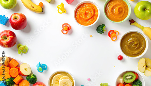 Colorful baby food purees, fruits, and vegetables for infant nutrition.