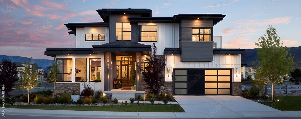 Obraz premium Modern suburban home exterior with architectural framing