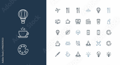 Various icons represent hobbies and everyday items on a table