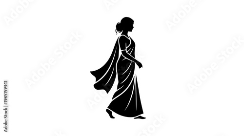A black silhouette of a woman in a long dress