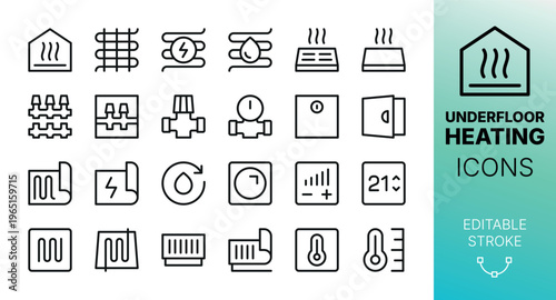 Underfloor Heating System Icons. Set of hydronic warm floor, floor heating mat, plumbing manifold, floor convector, thermostat vector icons with editable stroke