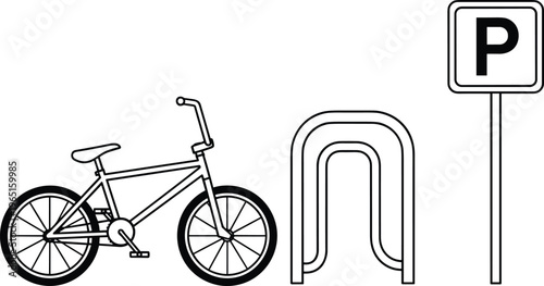Black and white bicycle parking illustration, bike rack with sign symbol, sustainable transport icon, urban mobility design graphic