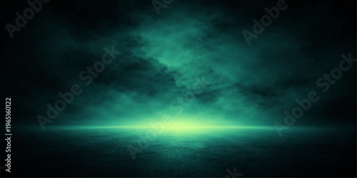 Abstract a moody, atmospheric image, featuring a deep space with the appearance of teal smoke, with a brilliant light emanating from below. Evoking a sense of mystery and depth.