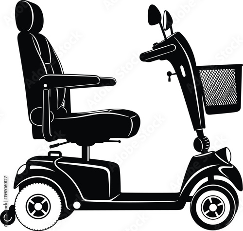 Black and white mobility scooter illustration, medical aid symbol, independence device icon, elderly transport design, accessibility equipment graphic