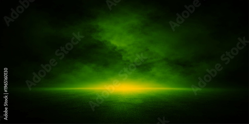 Abstract a captivating, enigmatic scene featuring a mysterious atmosphere of green smoke emanating from the bottom, a luminous golden line, evoking a sense of both wonder and intrigue.