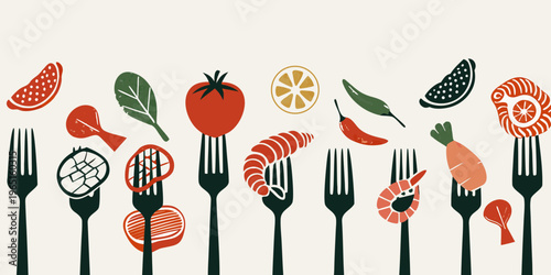A colorful illustration depicting various foods and dining utensils