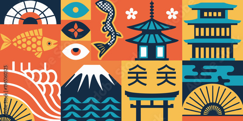 A colorful geometric pattern featuring iconic japanese motifs and elements