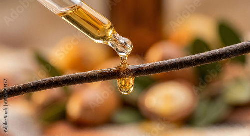 Macro close-up of a drop of argan oil falling onto a single strand of hair, concept of natural hair care, hydration and nutrition, AI-generated beauty treatment