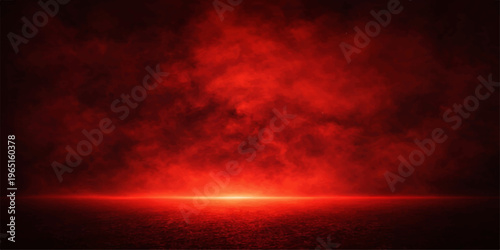 A dramatic scene, awash in intense crimson hues, unfolds as a luminous light source emanates from the bottom of the frame, enveloped by a mysterious fog.