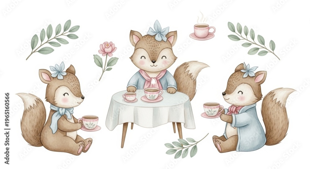 Obraz premium Foxes' Tea Party: charming watercolor illustration, fox cubs enjoy a delightful tea party with tea cups. Surrounded by flowers and greenery, creating a whimsical and inviting scene.