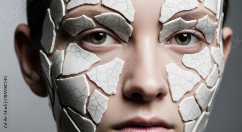 Fragmented Identity: A close-up portrait of a person with the face artfully adorned with pieces, conveying a sense of emotional fragility and the breaking down of self.