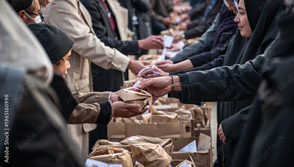 Fototapeta premium People receiving food from volunteers during a charitable event