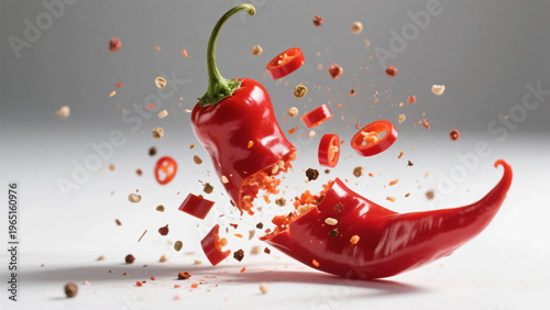 Dynamic red chili pepper explosion with floating slices and spice particles in mid air on vibrant red background creating dramatic food concept with high energy motion and bold composition