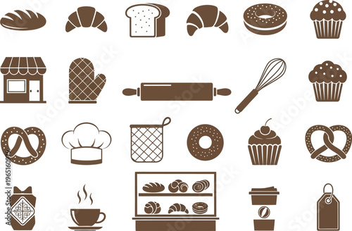 Bakery and Pastry Icon Set with Bread, Cupcakes, and Kitchen Utensils Silhouette Vector